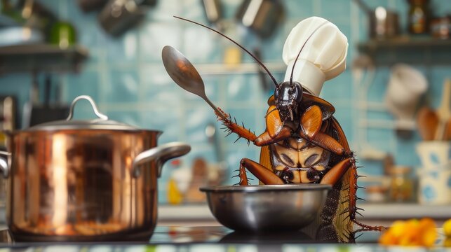 A cockroach dressed as a chef, holding a ladle and standing beside a cooking pot in front of a kitchen backdrop The cockroach looks ready to cook, with copy space at the top