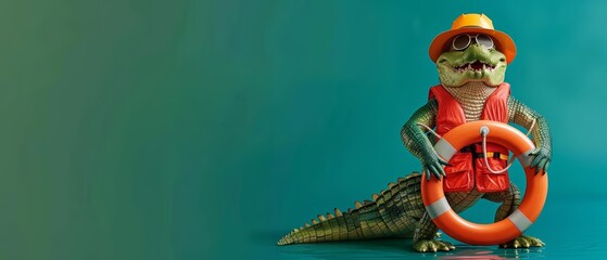 A crocodile in a lifeguard outfit, standing beside a lifebuoy in front of a green background The crocodile looks vigilant and prepared, with copy space at the bottom
