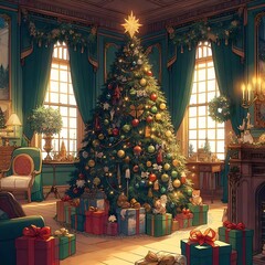 Painting of a christmas tree in a room with presents all around it.