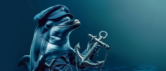 A dolphin in a sailors outfit, holding a small anchor in front of a deep blue background The dolphin looks nautical and adventurous, with copy space on the right side