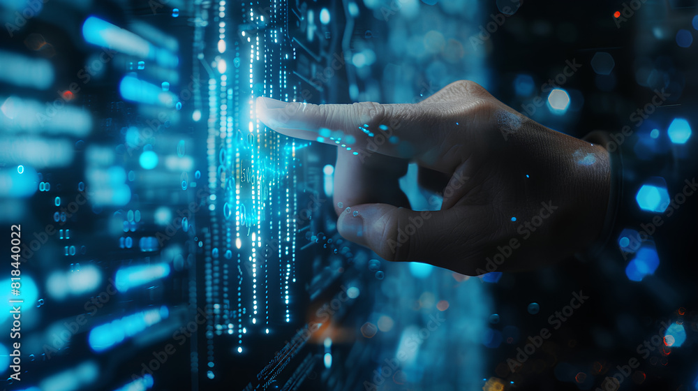 Poster digital technology, internet network connection concept. finger touching on virtual screen with futu