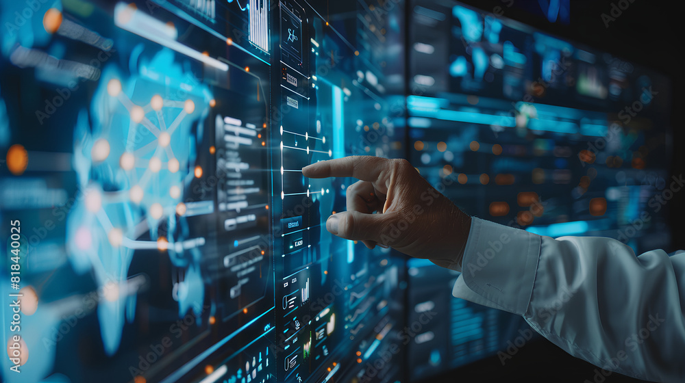 Poster data science, business intelligence. business man using computer devices with internet global networ
