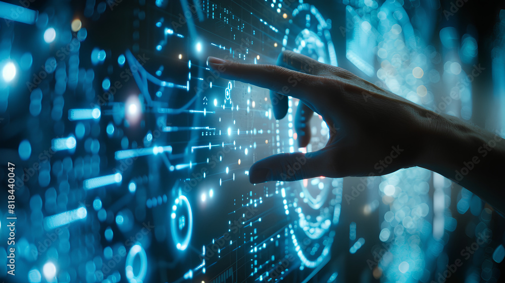 Poster digital technology, internet network connection concept. finger touching on virtual screen with futu