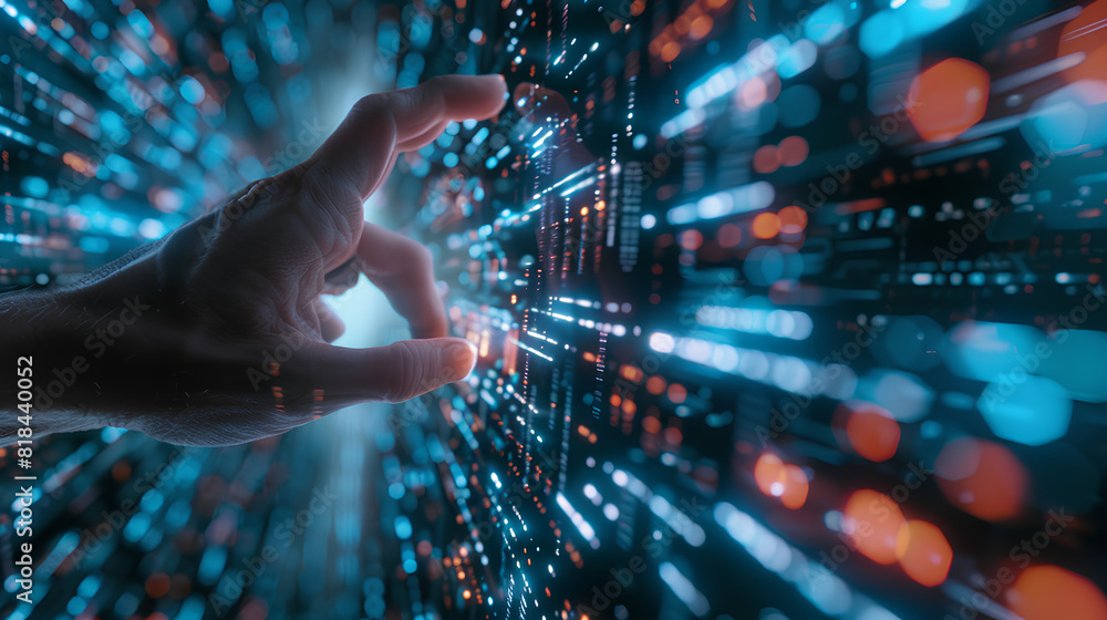 Poster digital technology, internet network connection concept. finger touching on virtual screen with futu