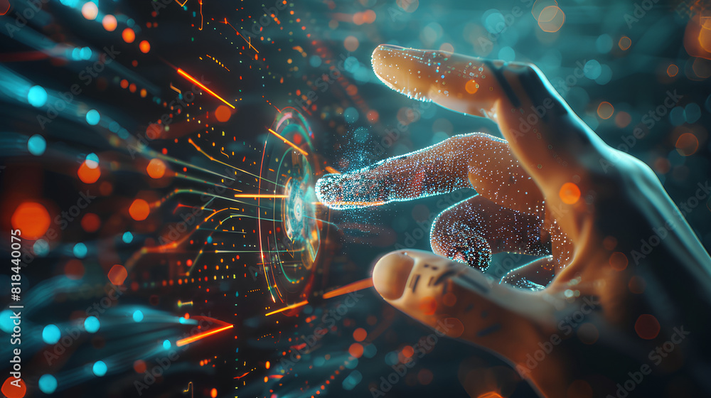 Poster digital technology, internet network connection concept. finger touching on virtual screen with futu