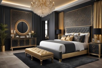 Royal luxury bedroom interior design, modern charcoal and golden interior design, luxurious bedroom design of a king palace, photo realistic background