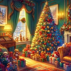 Painting of a Christmas tree in a room With presents and a piano.