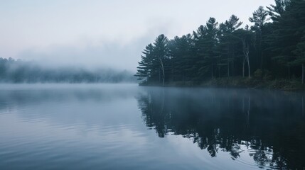 Fototapeta premium Serene lakeside at dawn with mist hovering over the water