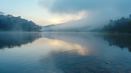 Fototapeta premium Serene lakeside at dawn with mist hovering over the water