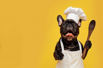 A playful dog wearing a chefs hat and apron