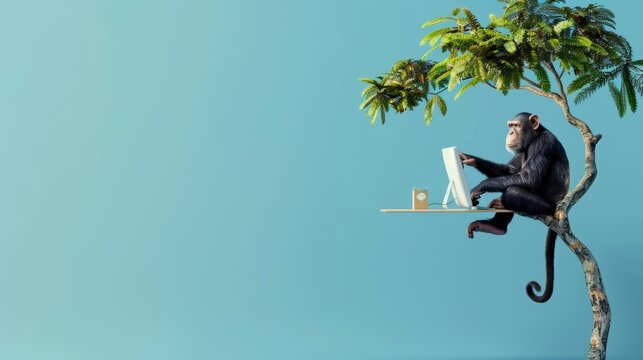 A monkey in a tech support outfit, hanging from a tree branch while fixing a computer on a nearby table The tree is set against a blue background with copy space on the left side