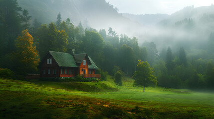 Naklejka premium Isolated house in the mountains, beautiful typical northern European house in a lush, green landscape with fog