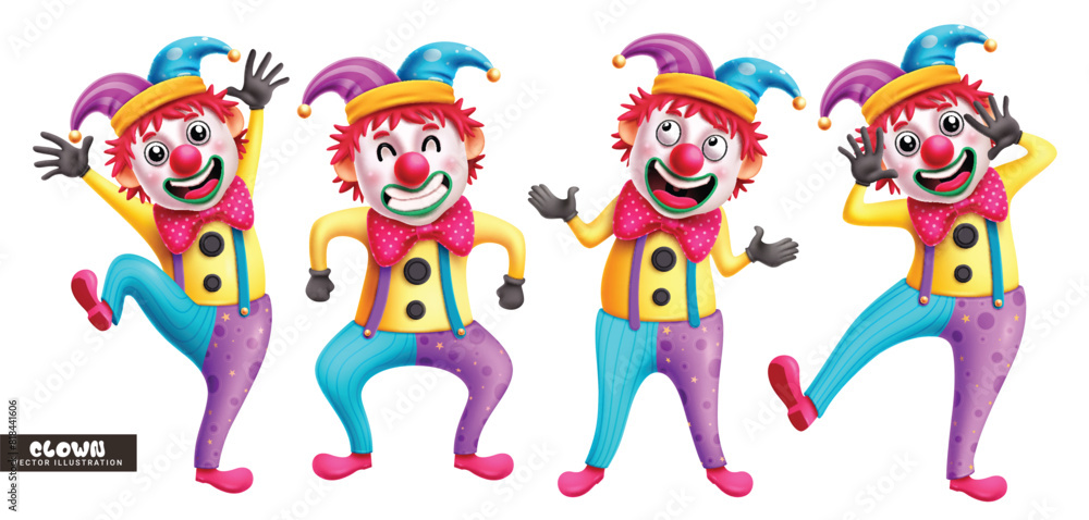 Poster clown birthday characters vector set design. birthday clown, buffoon and mascot character in standin