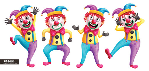 Clown birthday characters vector set design. Birthday clown, buffoon and mascot character in standing pose with happy, smiling and funny facial expression for joker comedian collection. Vector 