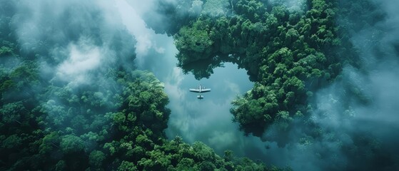 A top view of a dense, green forest with a lake in the shape of an airplane at the center, surrounded by mist and clouds, creating a natural, serene atmosphere with a unique twist