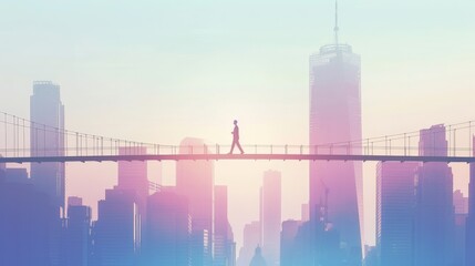 Naklejka premium Minimalist design of a businessman crossing a financial graph bridge over a city skyline