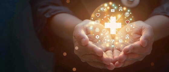 A top view of hands holding a glowing medical cross with healthcare icons arranged in a circular pattern around it