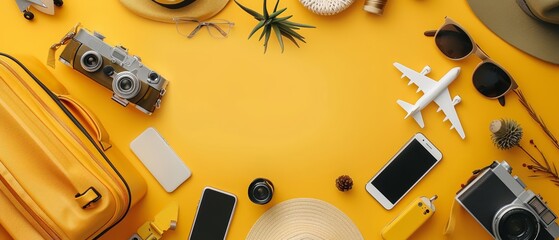 A top view of minimalist travel essentials arranged on a clean yellow background