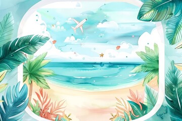 Fototapeta na wymiar A watercolor clipart on a white background depicting cute travel essentials