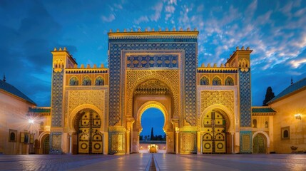 Photo of the kings palace in fes, morocco at night with blue sky, golden door and archway