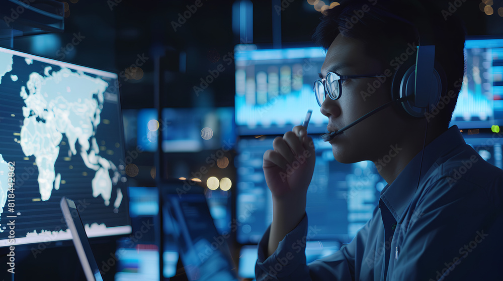 Poster technical support customer service concept, software engineer using laptop computer with customer su
