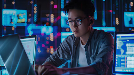 Technical support customer service concept, software engineer using laptop computer with customer support and global network, internet technology, it support, digital system service