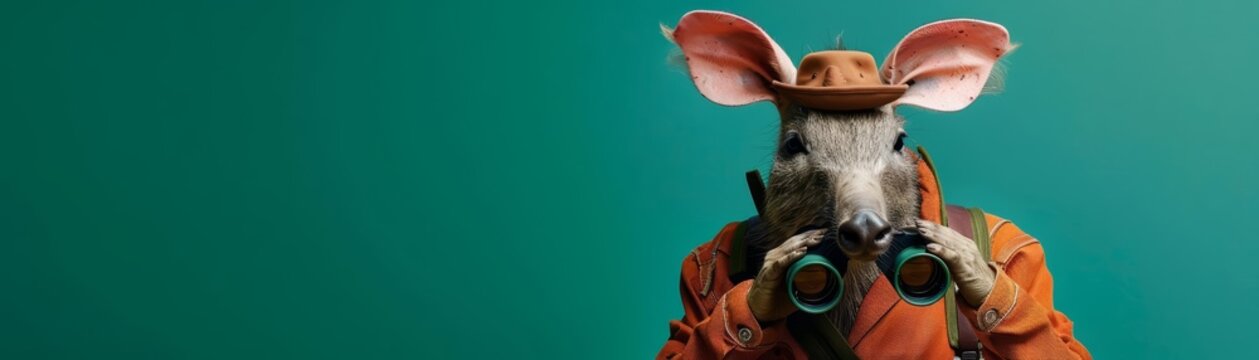 An aardvark dressed in a safari outfit, standing with binoculars in hand in front of a green background The aardvark looks ready for an adventure, with copy space at the top