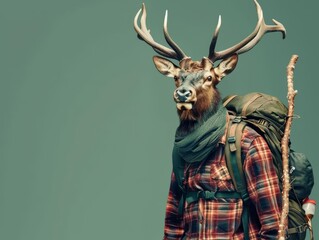 An elk in a hiking outfit, standing with a backpack and walking stick in front of a forest green background The elk looks ready for a trek, with copy space at the top