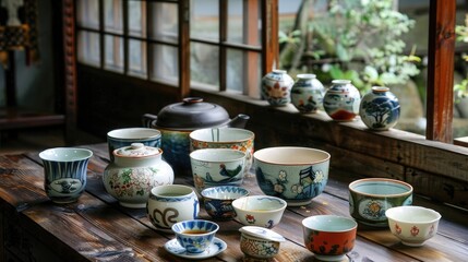Photo of various tea cups arranged on a traditional Japanese table, in high resolution photography with detailed images.