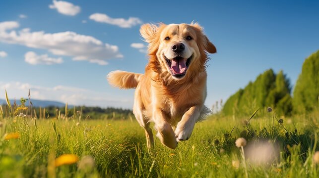 A happy golden retriever is running through a field of grass