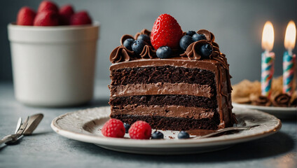Slice of chocolate birthday cake
