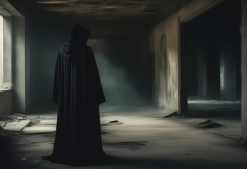 A man in a black robe on an abandoned building. Demonic essence, mysticism and horror