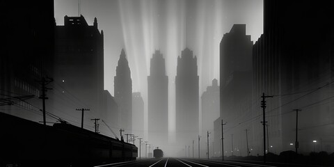 Mysterious Urban Landscape in Black and White with Fog and Silhouettes of Buildings at Night