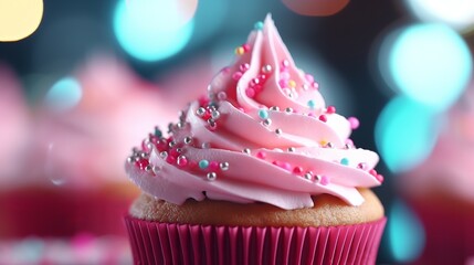 A pink cupcake with sprinkles on top