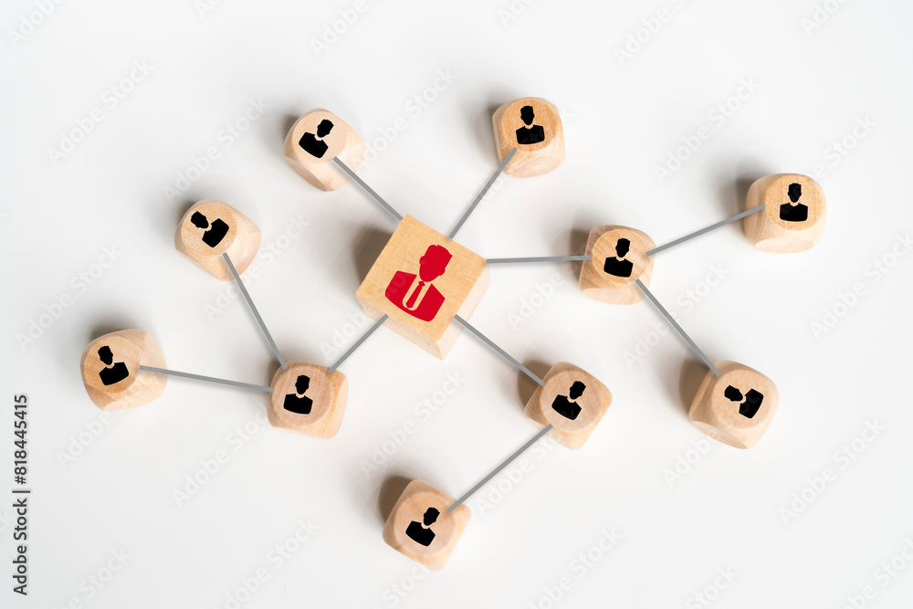 Poster hr human resources management concept. manager icon on wooden block with connection link network.