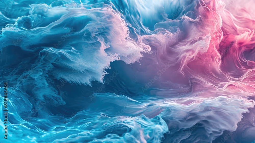 Poster the abstract picture of the colourful liquid that has been mixing with blue and pink colour and form