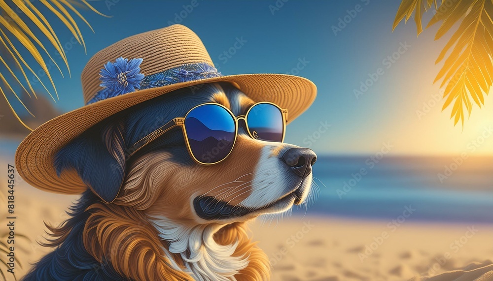 Wall mural cool dog with sunglasses and hat on the beach. copy space for text - Wall murals