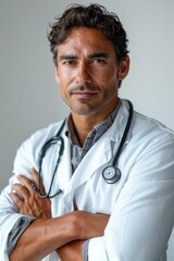 A man in a white coat with a stethoscope around his neck