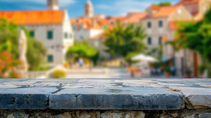 table top with stone texture in front of blurred scene, small town square and old buildings on the...