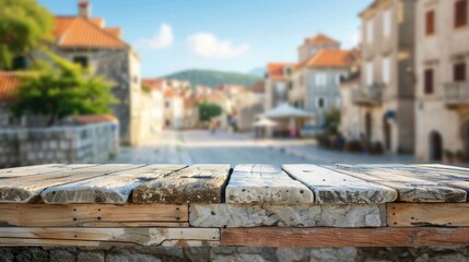 table top with stone texture in front of blurred scene, small town square and old buildings on the...