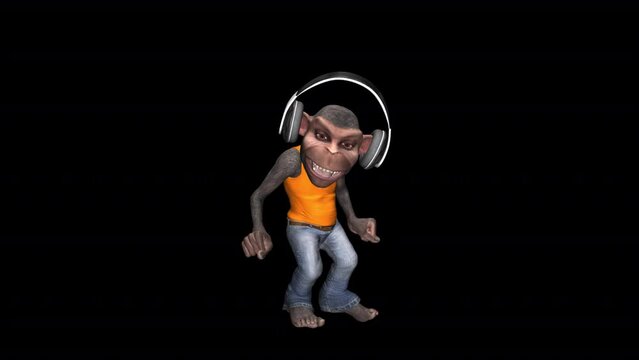 Funny Chimp Boy - Pop Dancing VJ Loop - Alpha Channel - 3D animation of chimpanzee monkey happily jumping with headphone music