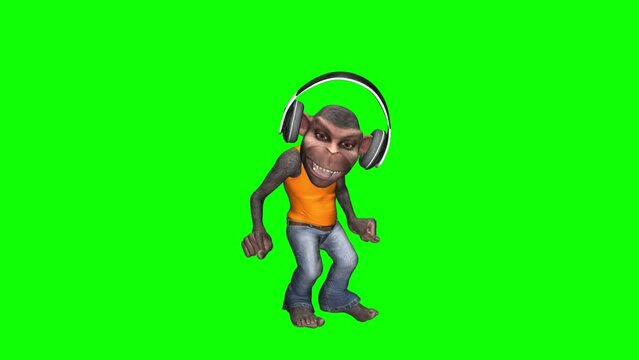 Funny Chimp Boy - Pop Dancing VJ Loop - Green Screen - 3D animation of chimpanzee monkey happily jumping with headphone music