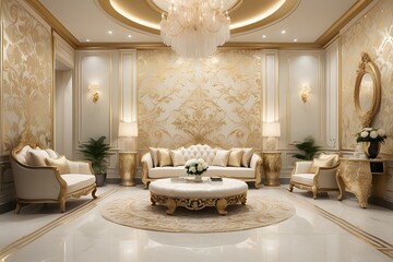 Royal luxury living room interior design, modern cream and golden drawing room interior design, luxurious living room design of a king palace, photo realistic backgroun