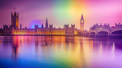Fototapeta premium Big Ben and the Houses of Parliament with rainbow reflections in the Thames River, leaving room on the right for text