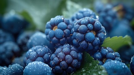 Fresh Dewy Blueberries on Green Leaves