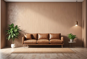 brown living room interior with sofa and potted plant