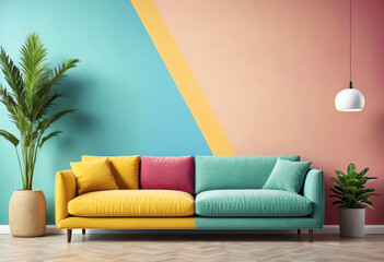 colorful interior background with sofa, hanging plant and plant decoration