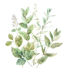 A beautiful watercolor painting of a variety of herbs