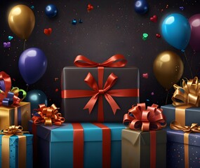 Wide happy birthday background, birthday celebration banner backdrop with different colorful bows and gift boxes in dark environment
