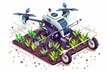 Green crops thrive under modern agricultural, employing robotic farming techniques and fertilizer applications for effective crop monitoring